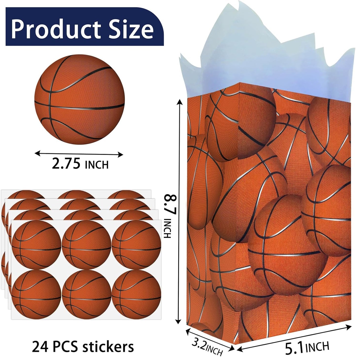Basketball Party Favor Bags – 24 Pcs Basketball Gift Bags with 5 Designs, Paper Goodie Bags for Sports Theme Birthday Party Decorations and Supplies