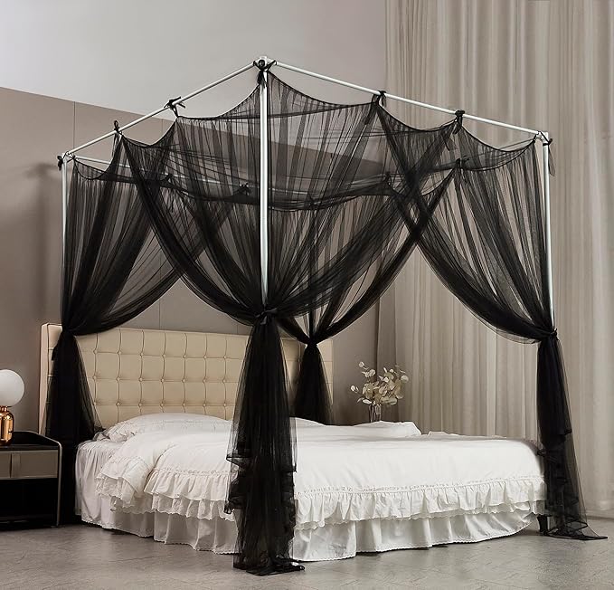 Mengersi Bed Canopy Mosquito Net for Bed,Canopy Bed Curtains Elegant Bed Drapes Screen Netting Canopy Curtains Bedroom Decor (Black, King)