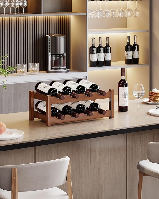Countertop Wine Rack for Inside Cabinet, Solid Wood 2-Tier Wine Racks for 8 Bottles, Pinewood Liquor Storage Shelf, Wooden Water Bottle Organizer for Pantry, Kitchen, Bar, Dining Room (Walnut)