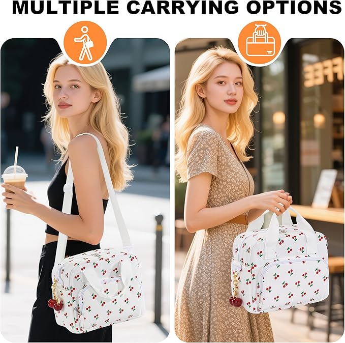 Large Lunch Bag for Women Insulated Cherry Lunch Box Reusable Cooler Bag Portable Cute Corduroy Leakproof Tote Bags for Travel, Work, and Picnic with Key Chain