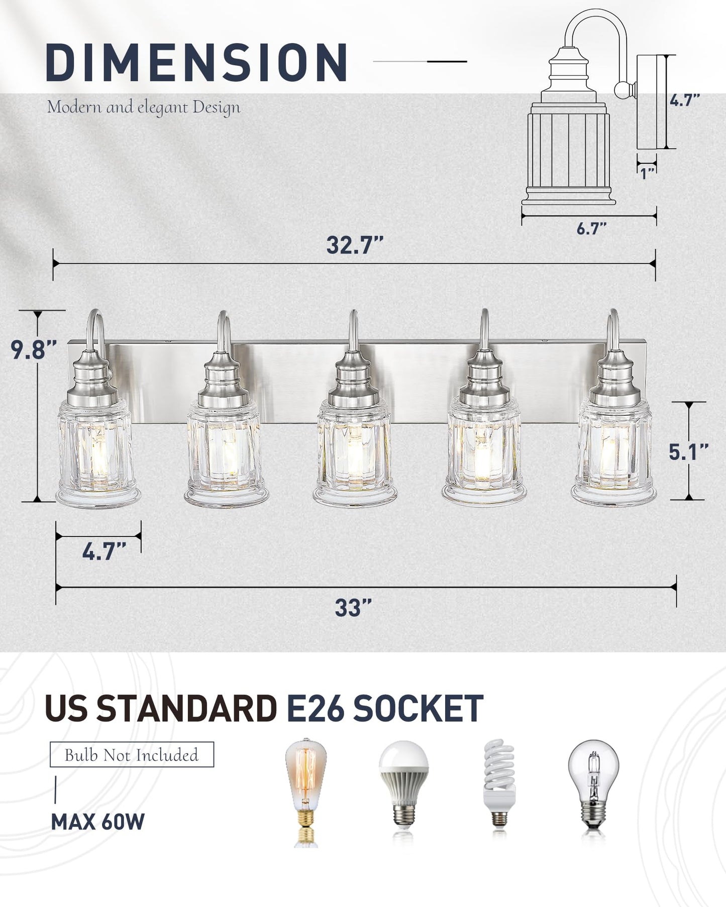 Bathroom Light Fixtures  Hwh 5-Light Vanity Light  Modern Brushed Nickel Wall Lighting Over Mirror  Bell-Shaped Striped Glass  5Hzg106B-5W Bn