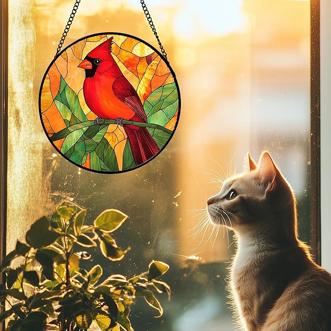Stained Glass Window Hanging 4 Pcs Set Birds Large 15" - Cardinal Blue Jay Suncatcher Door Garden Sun Catcher Decor Birthday Christmas for Bird Lovers Mom Woman Nana Men