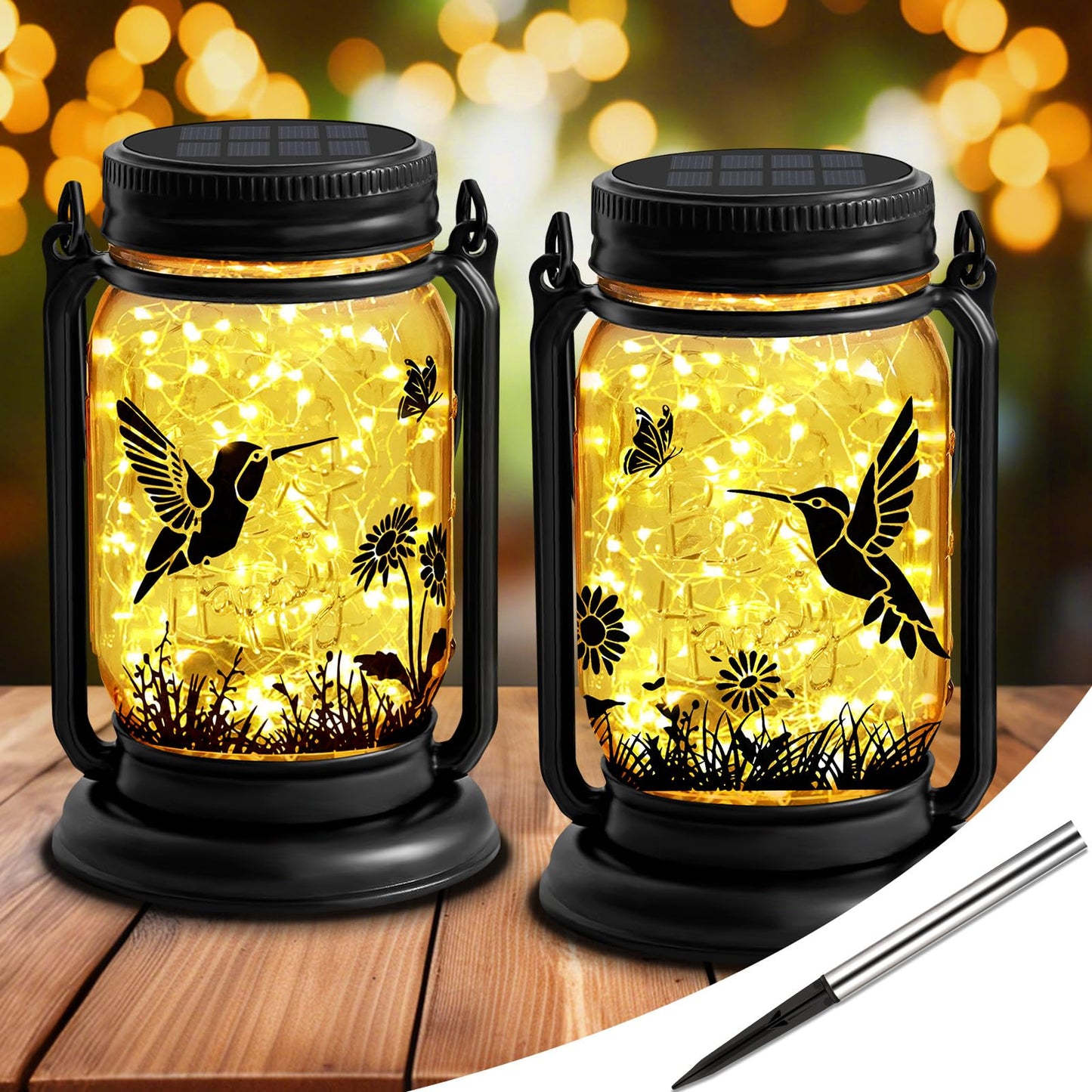 ANGMLN Hummingbird Solar Lanterns 3-in-1 Waterproof Garden Decor Lights, Glass, 2 Pack, Model FG-61