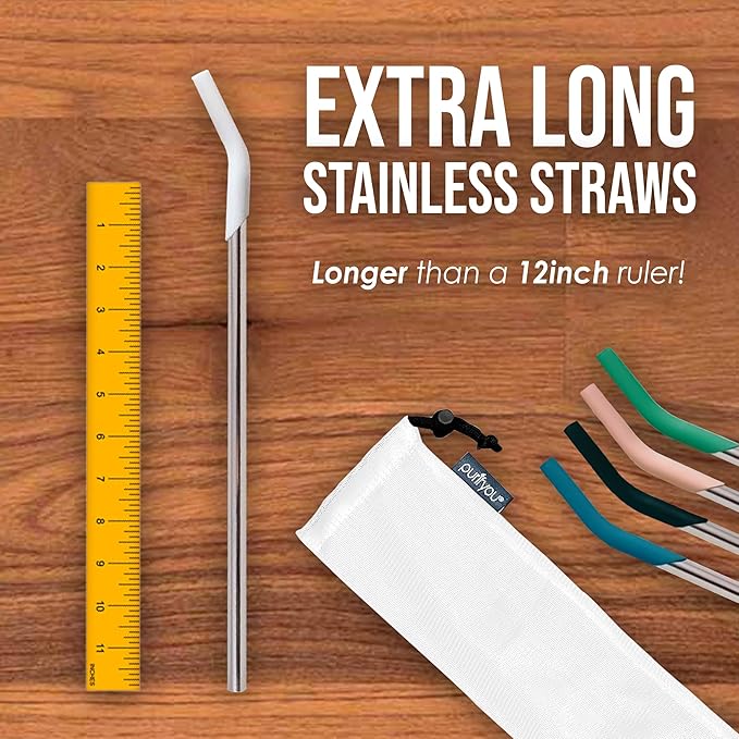 purifyou Reusable Produce Bags S9 (XL, L, S), 14.5" Stainless Straws S5 with Silicone Tips for Stanley Tumbler, Glass Water Bottles 12oz with Volume & Times, Silicone Sleeve in Aqua Blue.