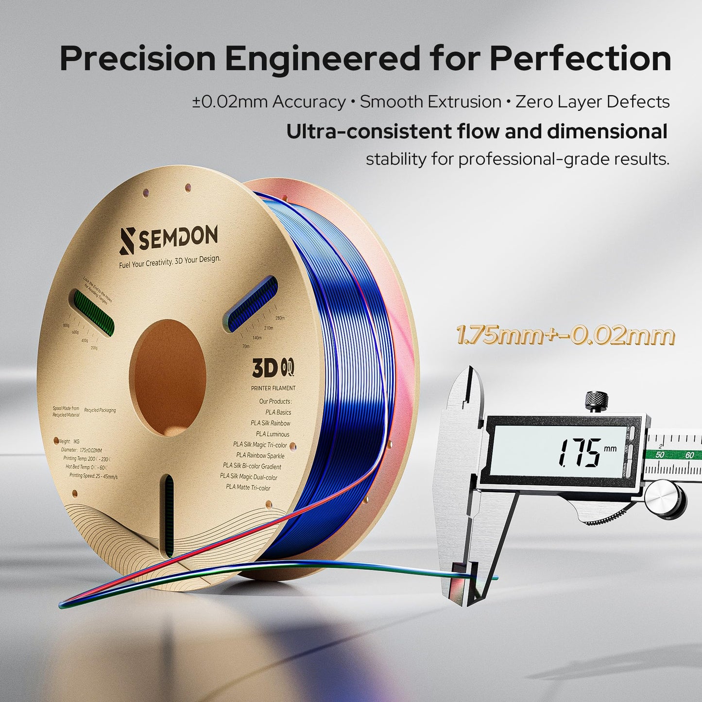 Semdon Pla Silk Tri-Color Gradient Filament 1.75Mm | Rainbow Red/Yellow/Blue, 0.02Mm, Low Warping | Ender 3/V2/Pro, Stem, Lithop