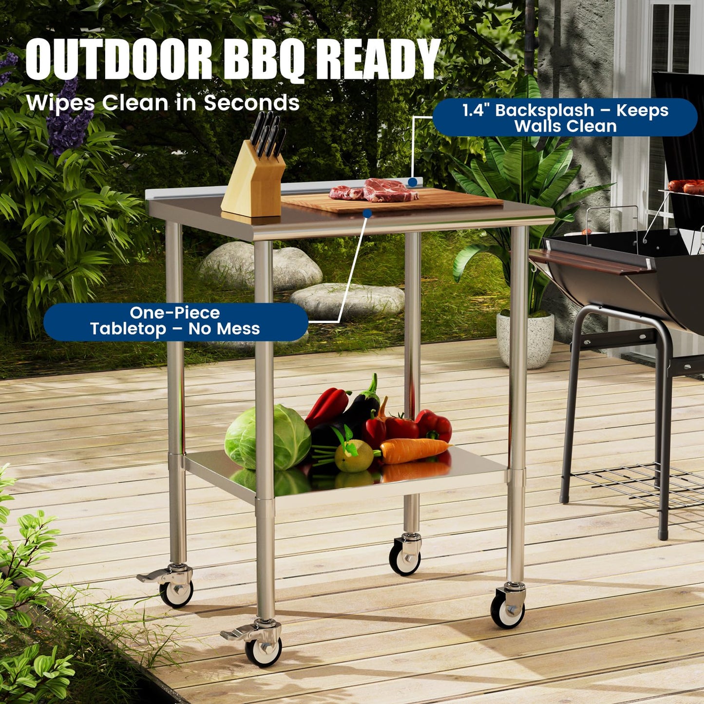 Chingoo Stainless Steel Work Table with Wheels, 24x30 Inch NSF Food Prep Table with Backsplash & Adjustable Undershelf for Commercial Kitchen, Restaurant, Garage, Outdoor BBQ