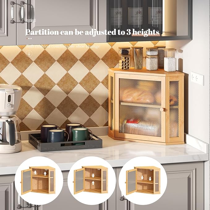 Corner Bread Box Kitchen Countertop Extra Large Capacity Farmhouse Bread Box, Corner Countertop Storage, Double Layer Bread Holder (Natural, Large)
