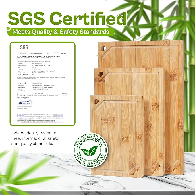 Bamboo Cutting Board Set – 3-Piece Wood Cutting Boards for Kitchen, Non-Toxic Chopping Board with Deep Juice Groove & Hanging Hole, 0.8-Inch Thick, Natural Food-Safe Board Set