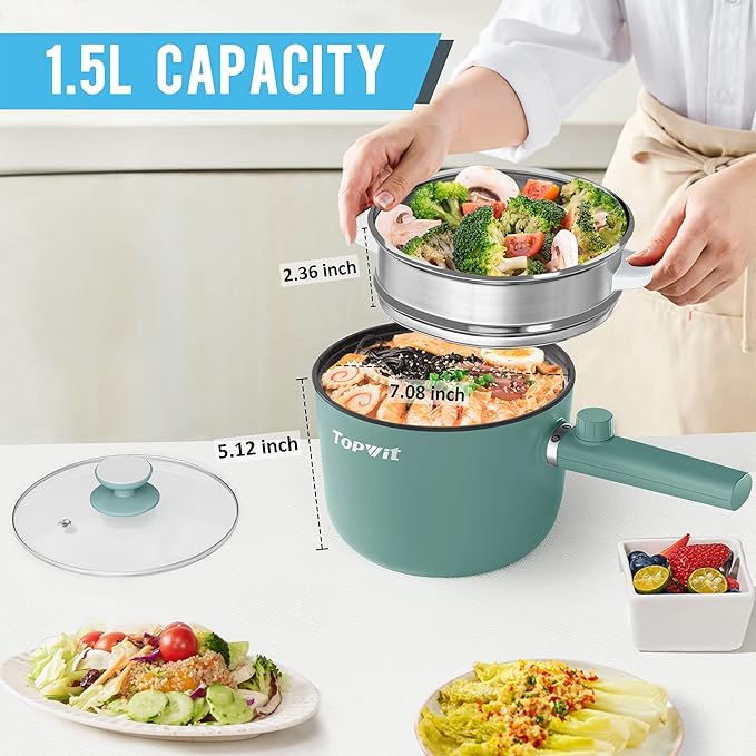 Topwit Hot Pot Electric with Steamer, 1.5L Ramen Cooker, Non-Stick Sauté Pan, Portable Cooking Pot, Electric Cooker with Dual Power Control, BPA Free, Over-Heating & Boil Dry Protection, Green