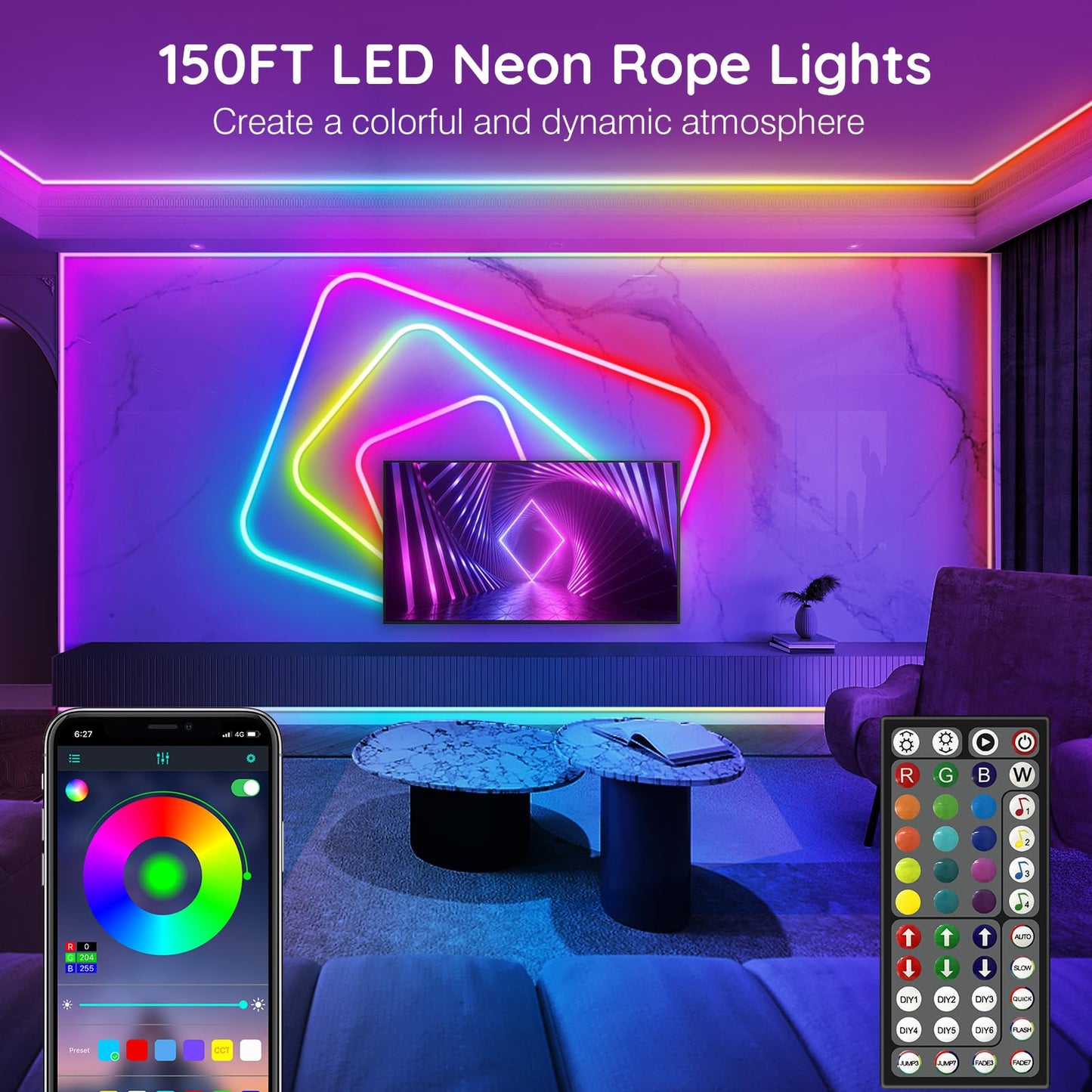 AILBTON Neon Rope Lights, 150Ft RGB LED, Music Sync, App/Remote Control, IP65 Outdoor, Silicone, Flexible, 20FT Model