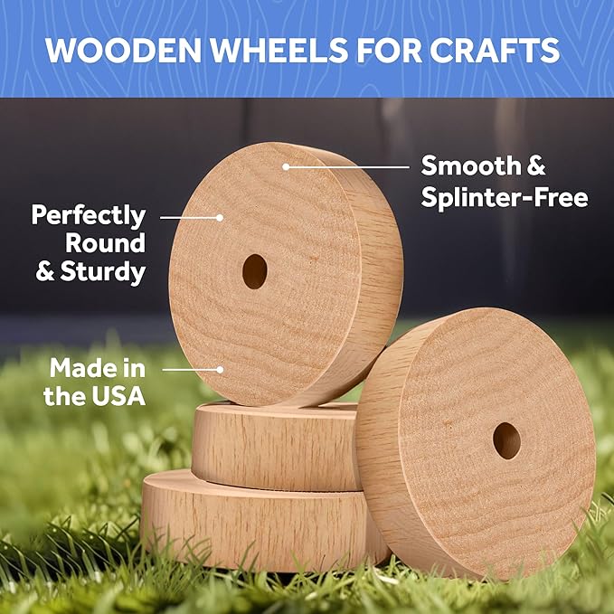 2-inch Diameter Slab Wooden Wheels for Crafts, 3/8-inch Hole, 7/16-inch Thick, Pack of 50 Mini Wood Wheels for Model, by Woodpeckers