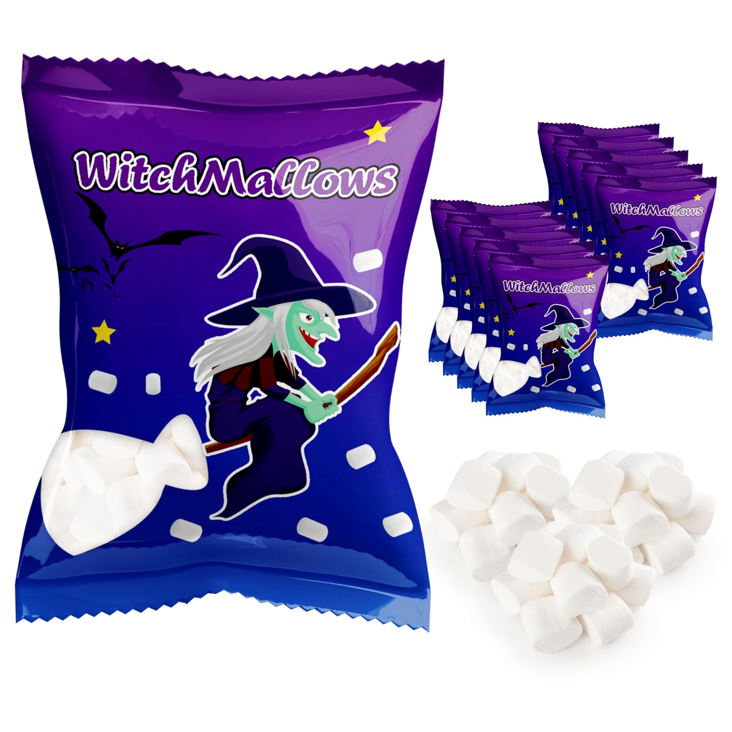 4Es Novelty 24 Pack Halloween Mini Marshmallows Indvidually Wrapped Vanilla Flavor - Halloweens Candy for Kids in Bulk  Snacks for Trick or Treat  17 Marshmallows in Each Bag (Witchmallows)
