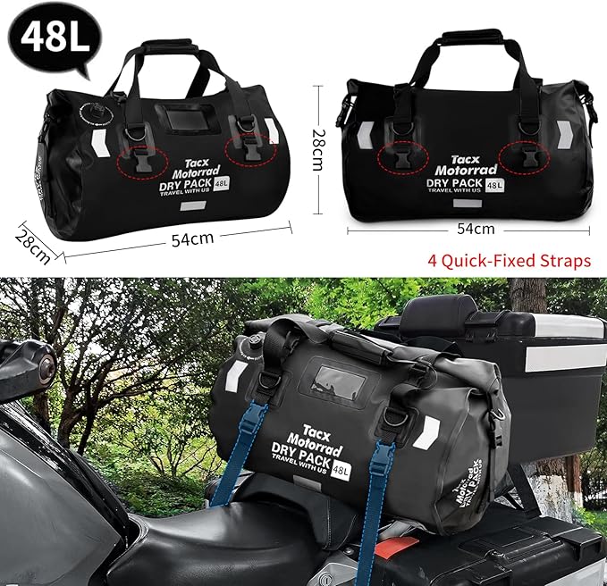 Waterproof Duffel Bag for Men/Women, Roll-top Dry Backpack Duffel Bag with Quick-fixed Straps, Motorcycle Tail Saddle Bag for Motorcycling, Rafting, Boating, Kayaking, Travel, 48L-Black