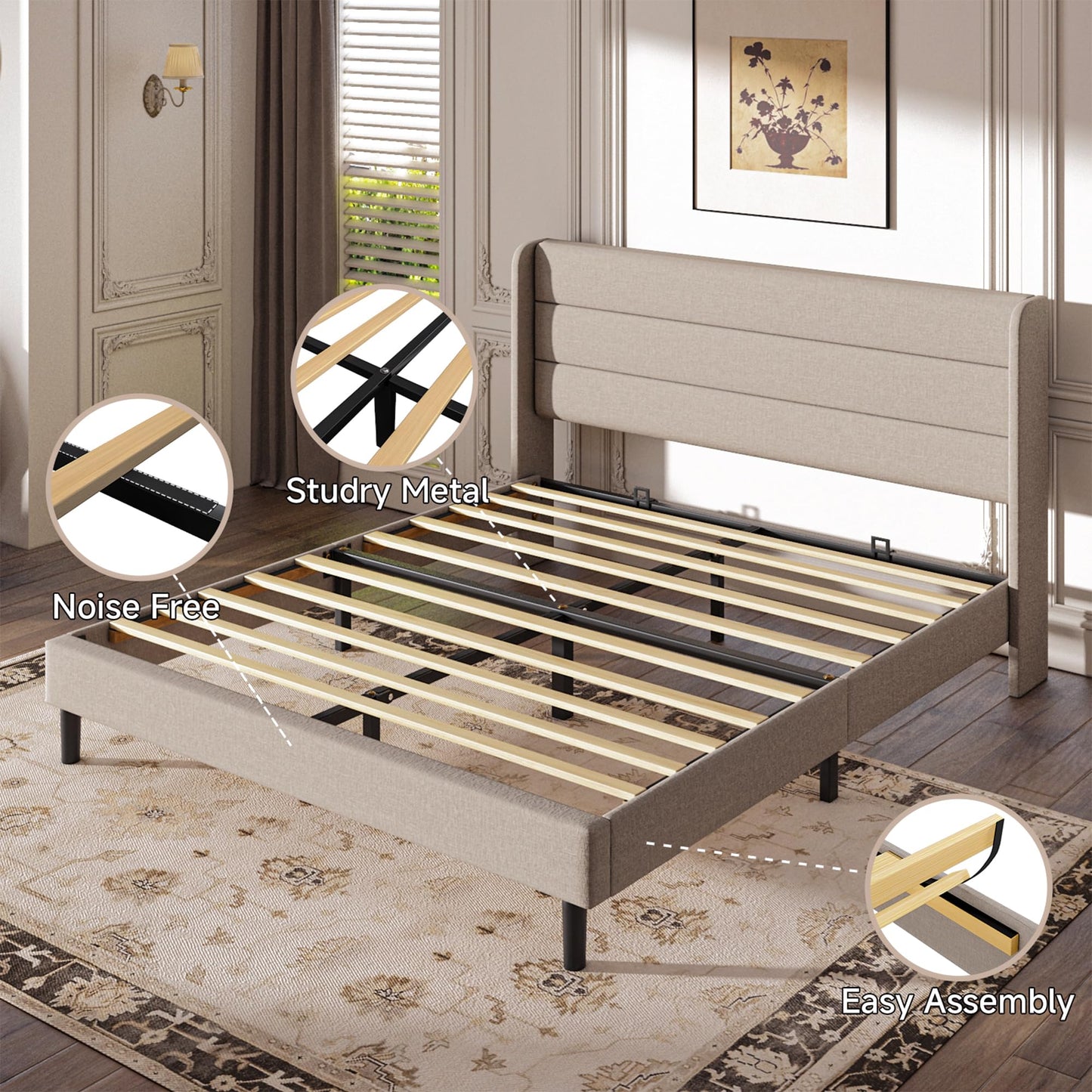 Mxhtcewz King Size Upholstered Platform Bed Frame, Modern Linen Fabric Bed with Wingback Headboard, Sturdy No Wobble, Noise-Free & Easy Assembly, No Box Spring Needed, Beige