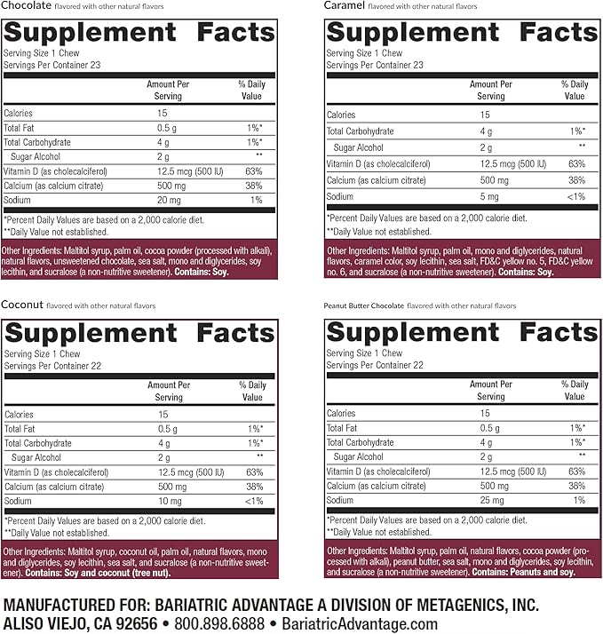 Bariatric Advantage Calcium Citrate Chewy Bites 500 mg - for Bariatric Surgery Patients - Vitamin D3 - Sugar-Free Chewable Calcium Supplement - Bariatric Chews - Assorted Sweet Flavor - 90 Count
