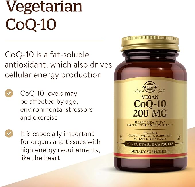 Solgar Vegetarian CoQ-10 200 mg, 60 Vegetable Capsules - Heart Healthy, Protective Antioxidant - Coenzyme Q10 (CoQ-10) Supplement - Vegan, Gluten Free, Dairy Free, Kosher - 60 Servings