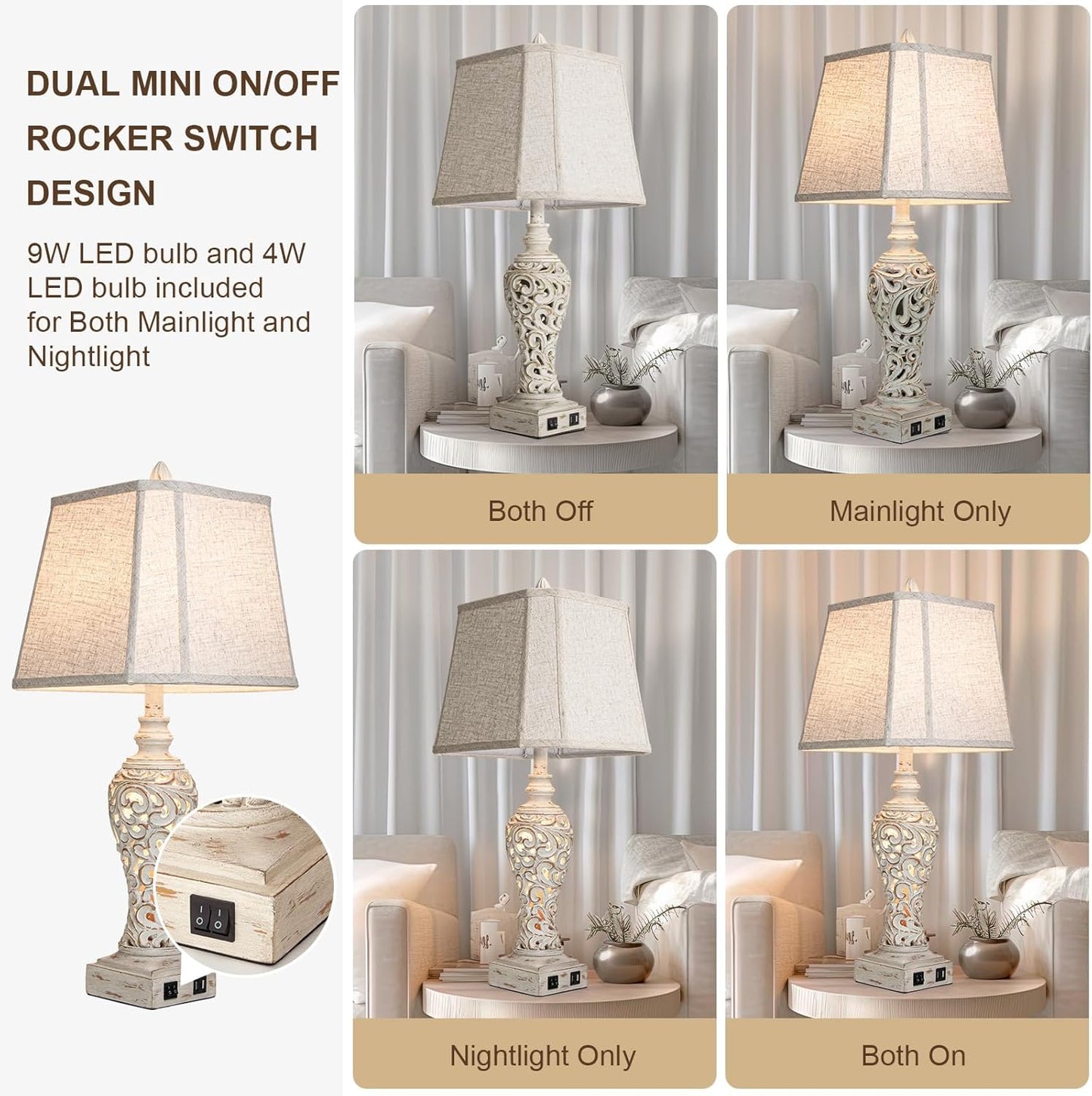 28.5" Table Lamps Set of 2 - Bedside Lamp with Fabric Shades - for Bedroom and Living Room with USB and Nightlight - Perfect for Nightstands and Bedrooms