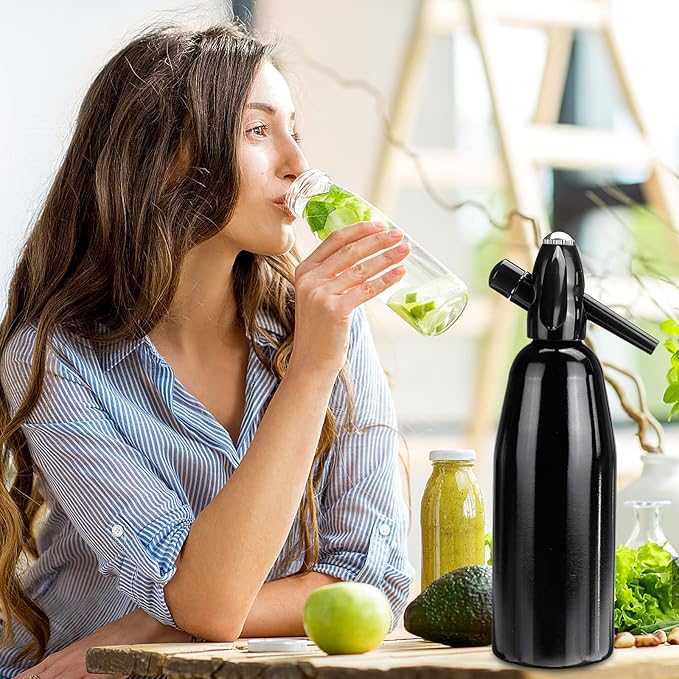 1L Portable Soda Siphon – Aluminum Home Soda Maker, Black Vintage Seltzer Bottle for DIY Carbonated Drinks, Sparkling Water Maker for Healthy Cocktails, Use 8 gram CO2 Cartridges (Not Included)