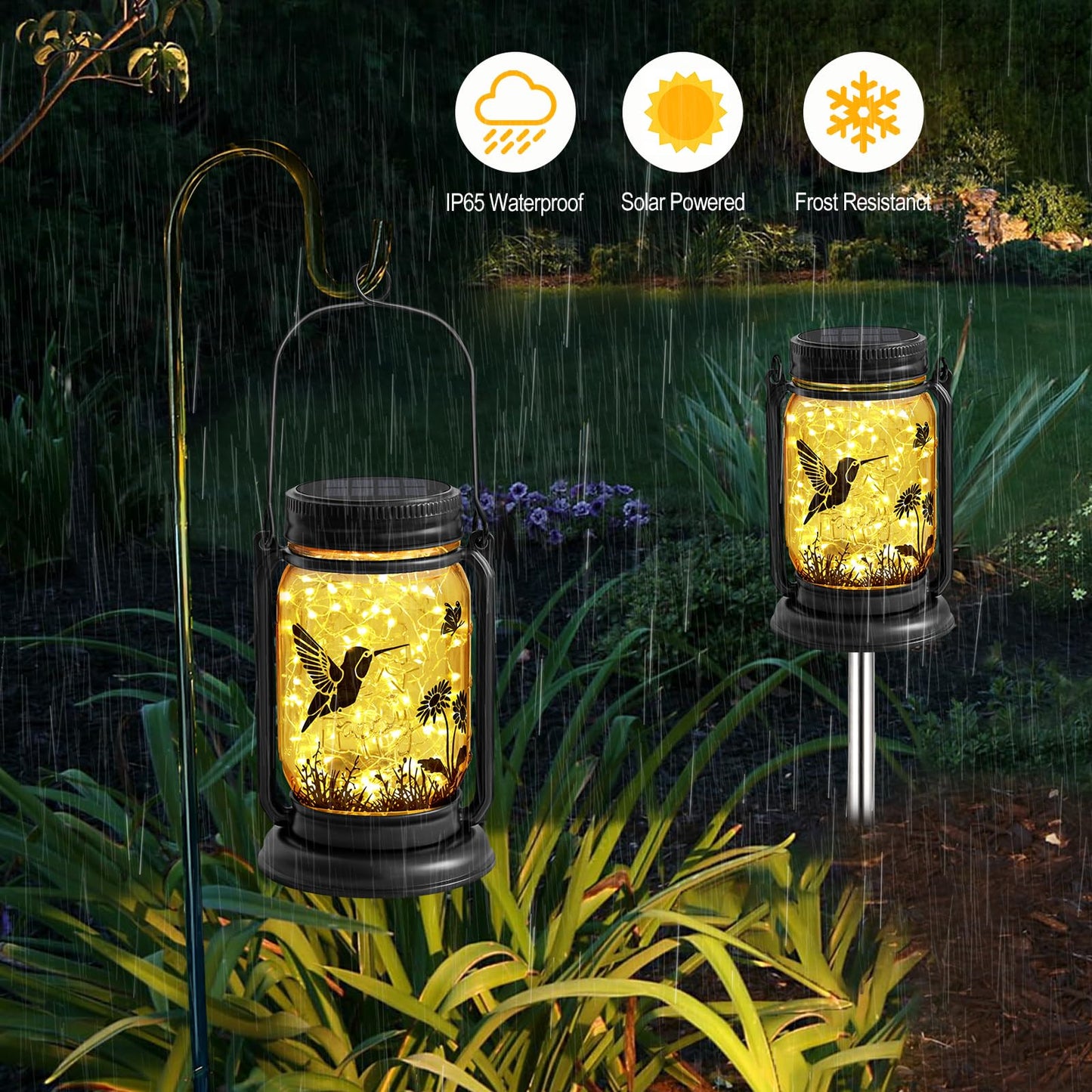 YJFWAL Hummingbird Solar Lanterns, 2 Pack, Vintage Glass, Warm White, Waterproof, Garden Lights, Model NEW-Hummingbird fugumeisen-2P