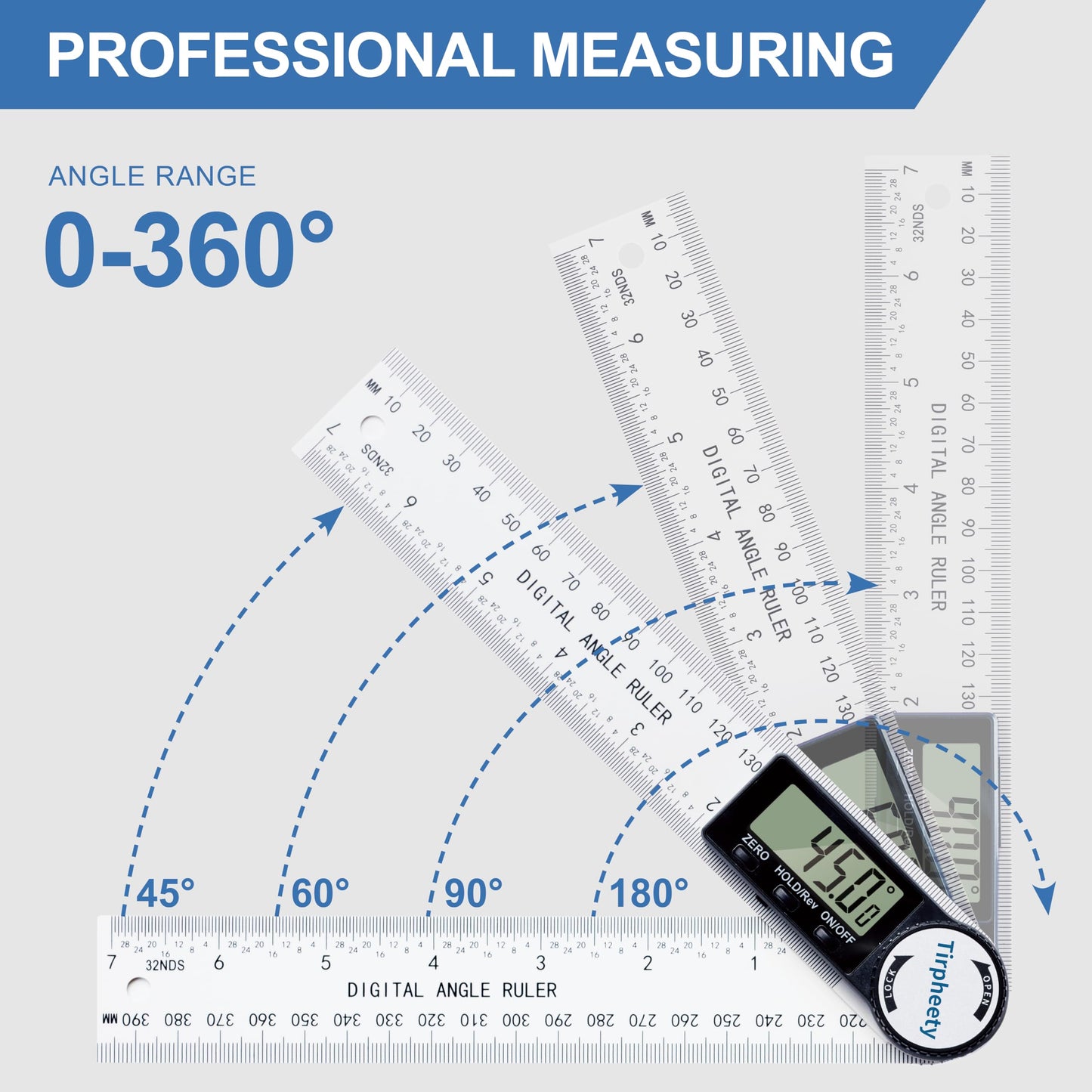 Tirpheety Digital Angle Finder Protractor, 3rd Generation Quick Display Angle Gauge Ruler, 7-Inch (200mm) Professional Measuring Tool for Woodworking, Carpentry, and Construction