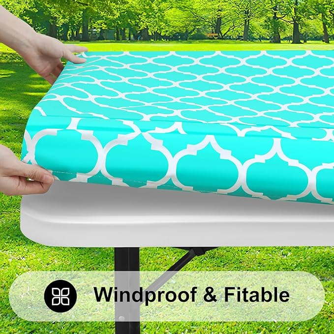 Smiry Rectangle Picnic Table Cover, Waterproof Elastic Fitted Camping Tablecloths for 5 Foot Tables, Wipeable Flannel Backed Vinyl Tablecloth Protector for Indoor, Outdoor (Teal, 36x60 Inches)