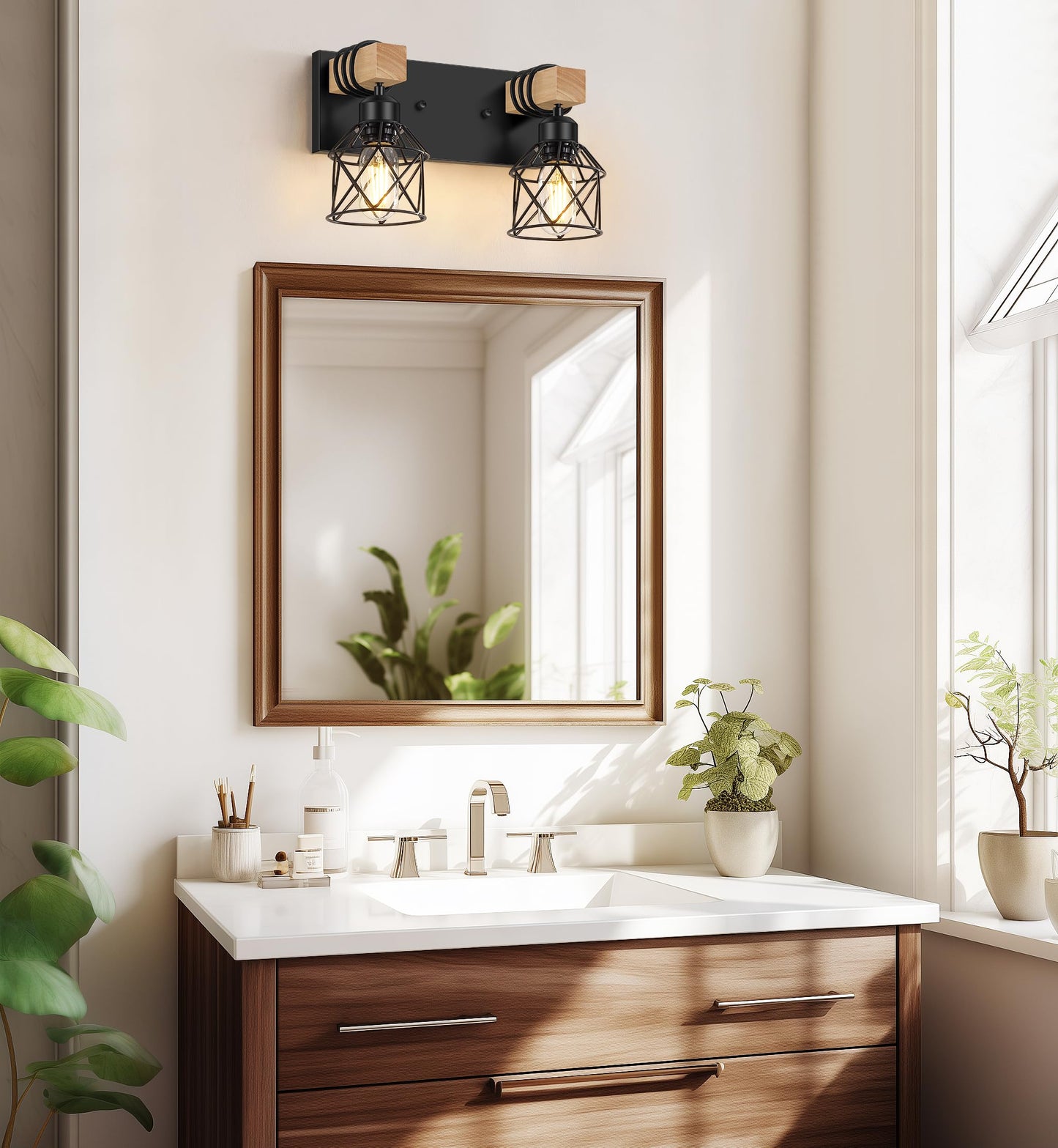 Fadimikoo 2-Light Farmhouse Bathroom Vanity Light Fixtures  Wood Bathroom Lighting Over Mirror  Black Rustic Sconces Wall Lighting With Metal Lampshade For Living Room  Bedroom  Hallway