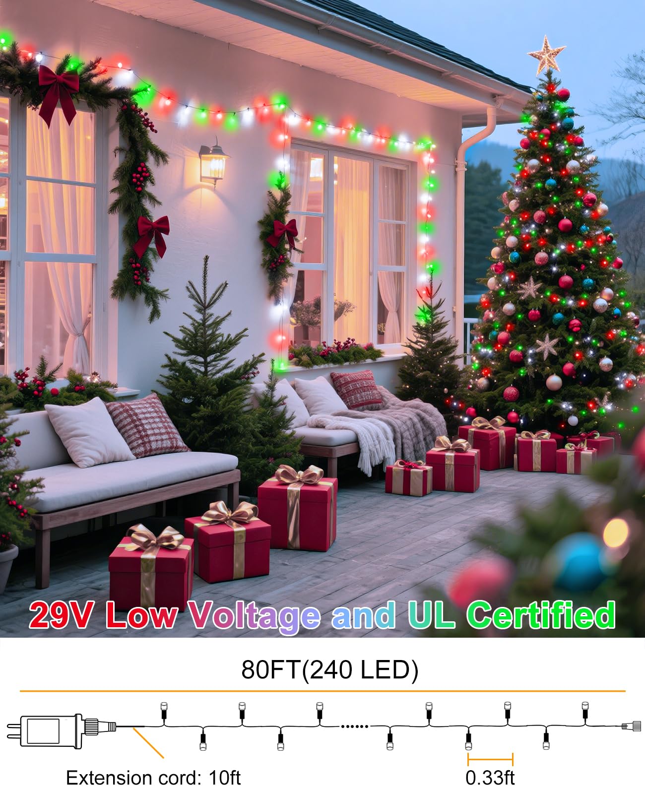 Red And Green Christmas Lights Outdoor  80Ft 240 Led Christmas Tree Lights Waterproof Plug In  8 Modes Connectable Christmas Decorations Green Wire For Indoor Room Xmas Garden Party