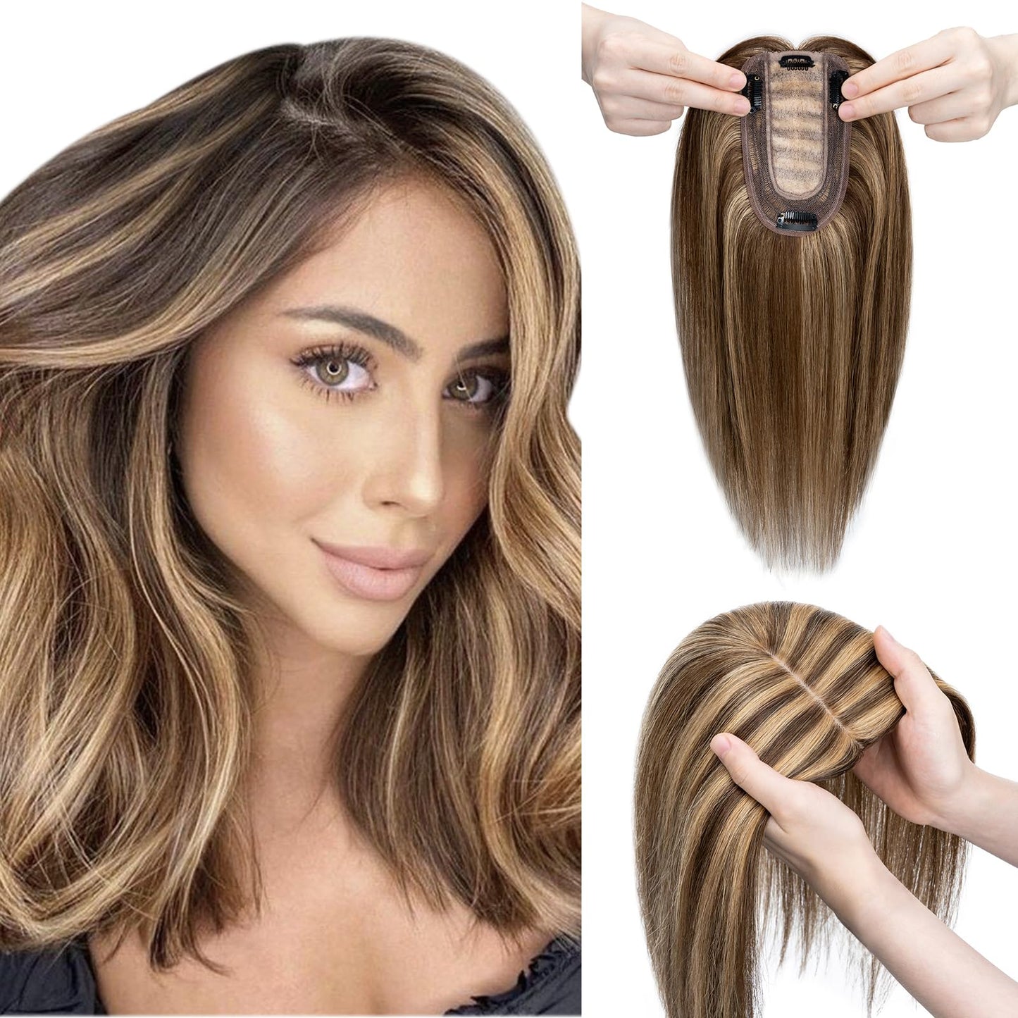 Elailite Hair Toppers for Women Real Human Hair Topper Thinning Thin 5.1x2.8 Silk Base Clip in Remy Hairpieces 12 Inch Chocolate