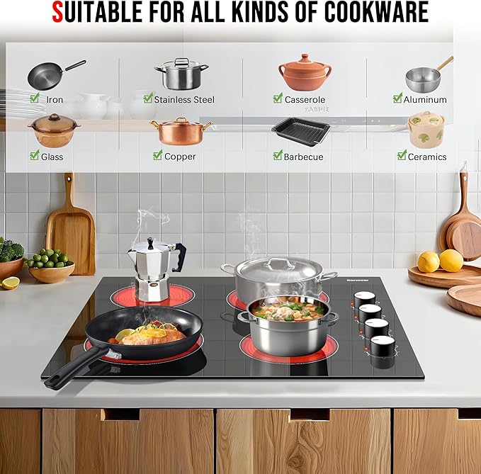 Karinear 24 Inch Electric Cooktop 4 Burners Electric Stove, Knob Control,6000W, Built-in Radiant Hob,Residual Heat Indicator, Overheat Protection,Hardwired 220V Radiant Ceramic Stove (White Knob)
