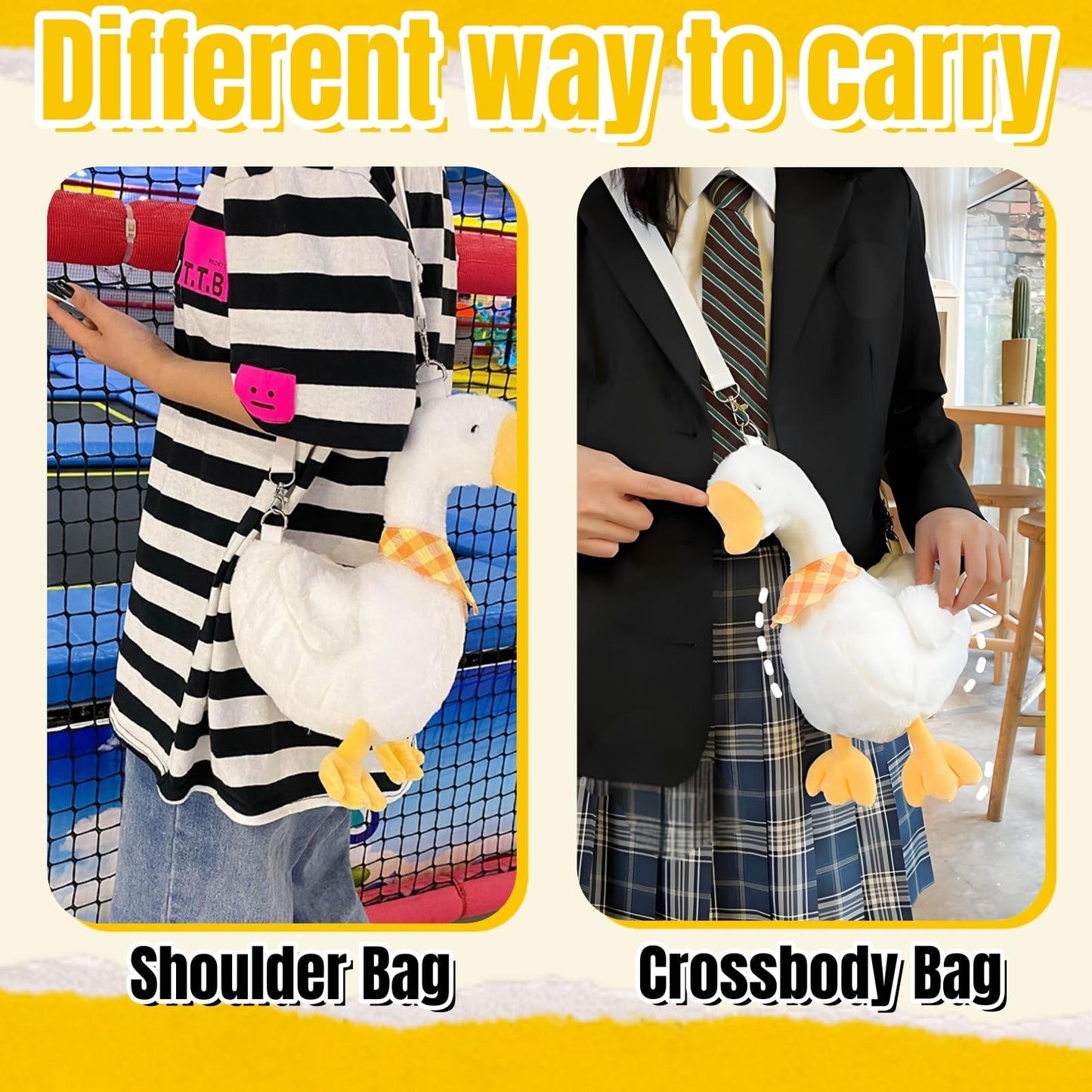 Acshio 2 Pack Cute Goose Crossbody Bag, Soft Plush Fluffy Animal Shoulder Bag Handbag with Zipper Adjustable Strap, Funny Novelty Fur Duck Tote Purse for Women, Gift