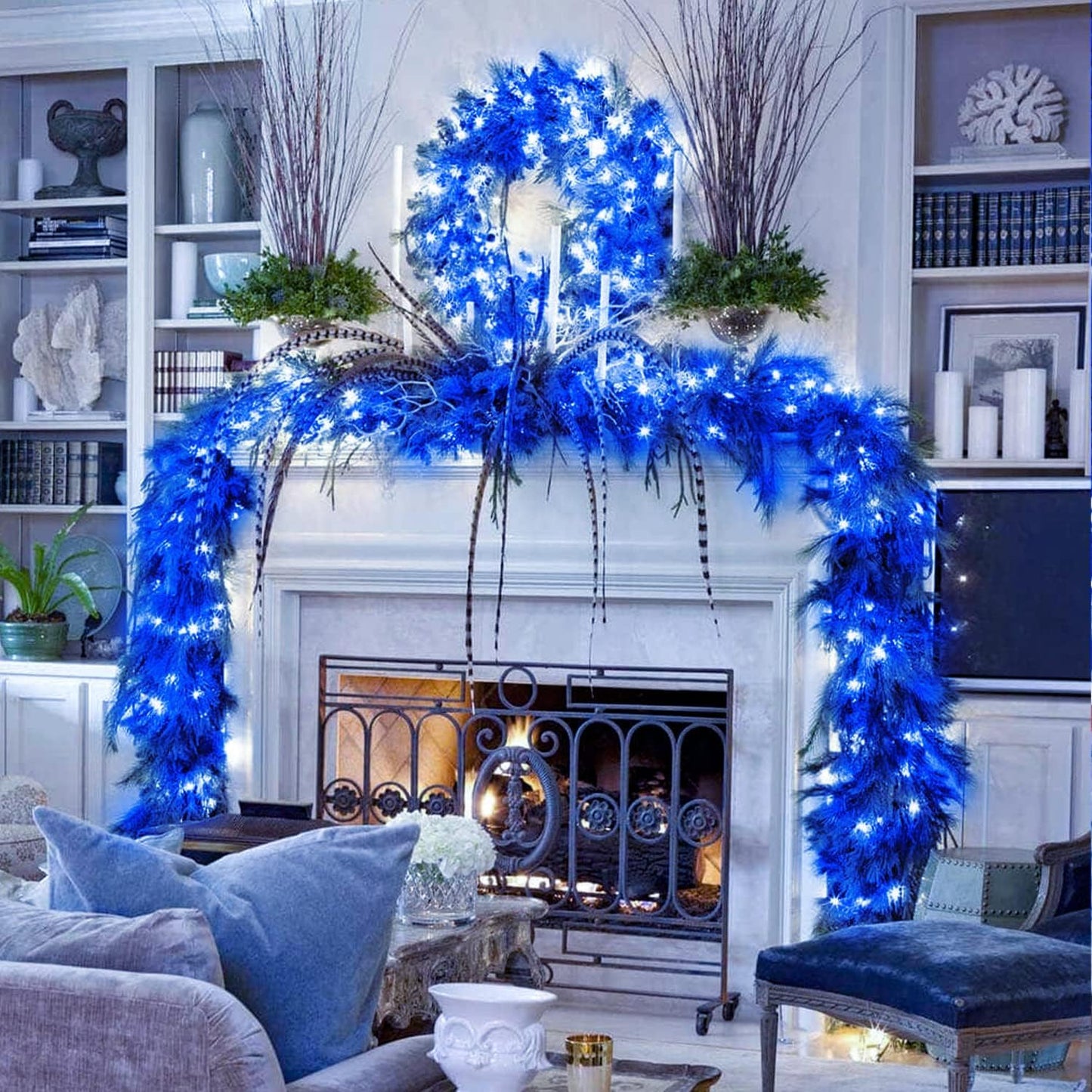 Jmexsuss 33Ft 100 Led Blue Battery Operated Christmas Lights, Waterproof With 8 Modes For Indoor/Outdoor Decor