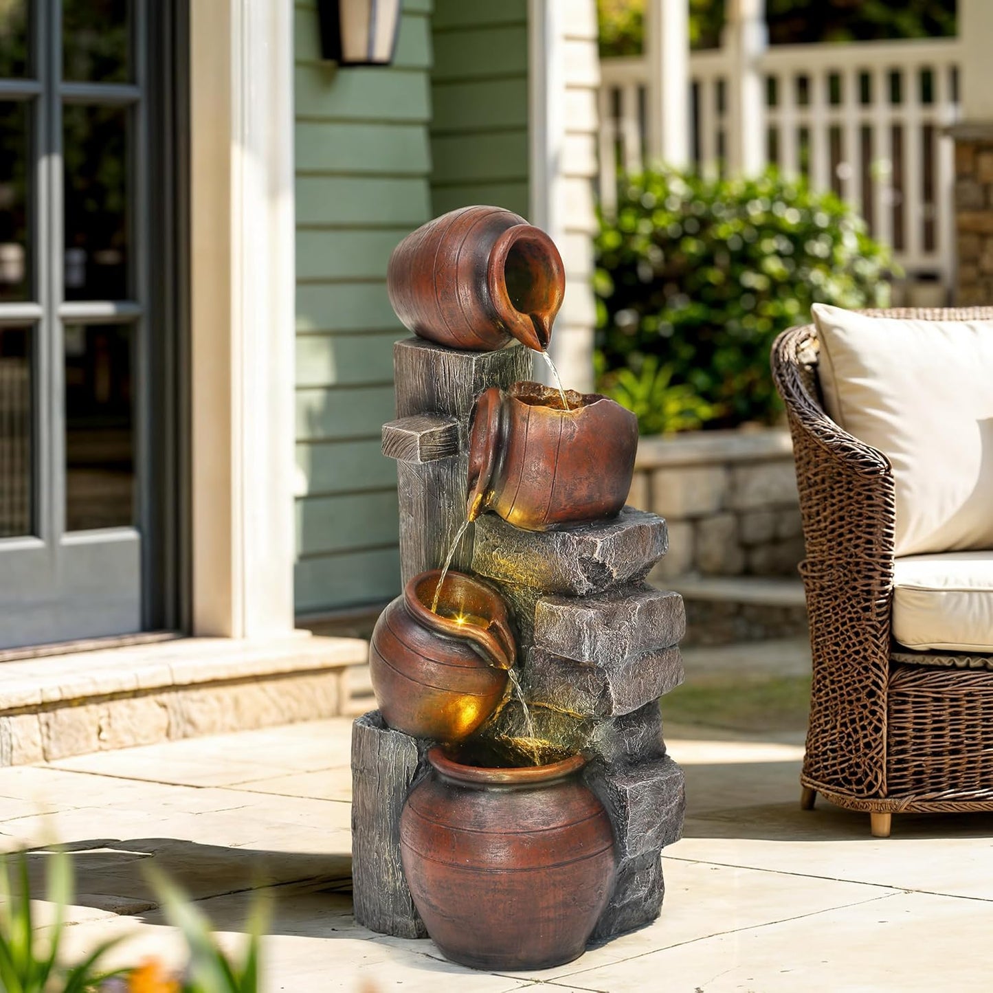 31.5" H Outdoor Water Fountain with LED Lights and Pump, Cascading Pitchers Farmhouse Garden Fountain Waterfall for Patio, Porch, or Yard