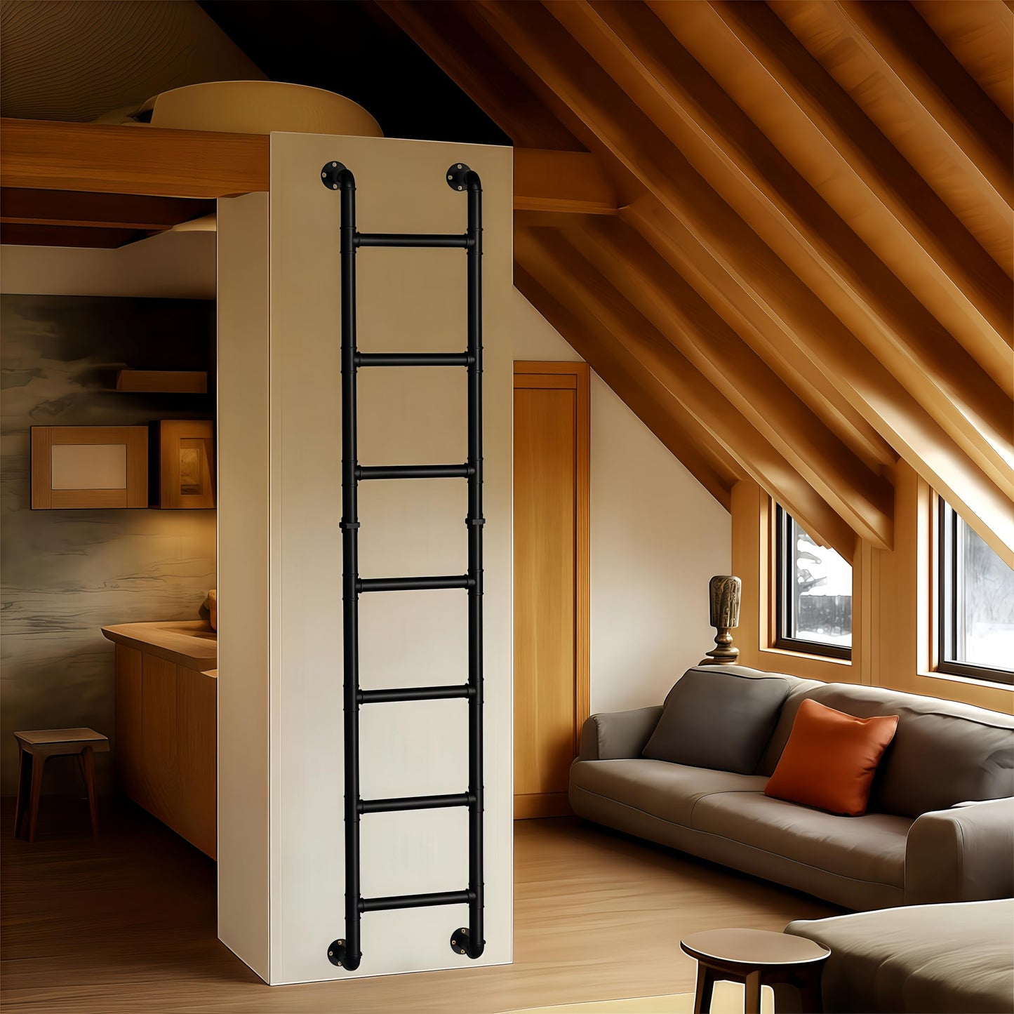 Black 7-Step Wall Mounted Ladder, 7FT Steel Egress Window Well & Loft Ladder for Attic Basement Gym – Wall/Floor-Mounted Indoor Climb for Small Spaces & Storage Access