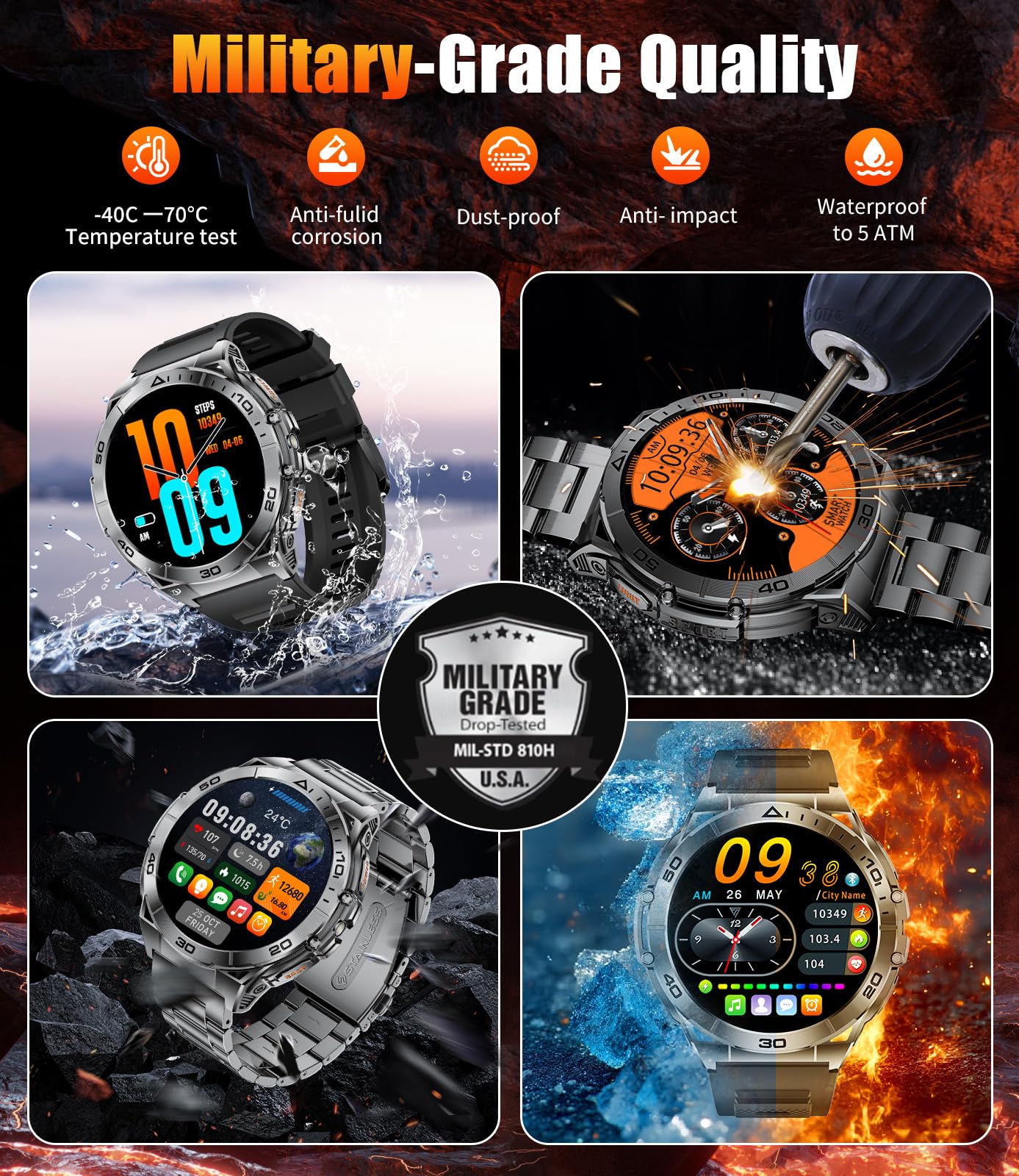 HIRREO EF16 Smart Watch for Men (Answer/Make Calls), 1.6" AMOLED HD Fitness Watches with LED Flashlight, 600mAh Battery/2 Straps/100+ Sports/IP68 Waterproof Smartwatch for Android iPhone Compatible