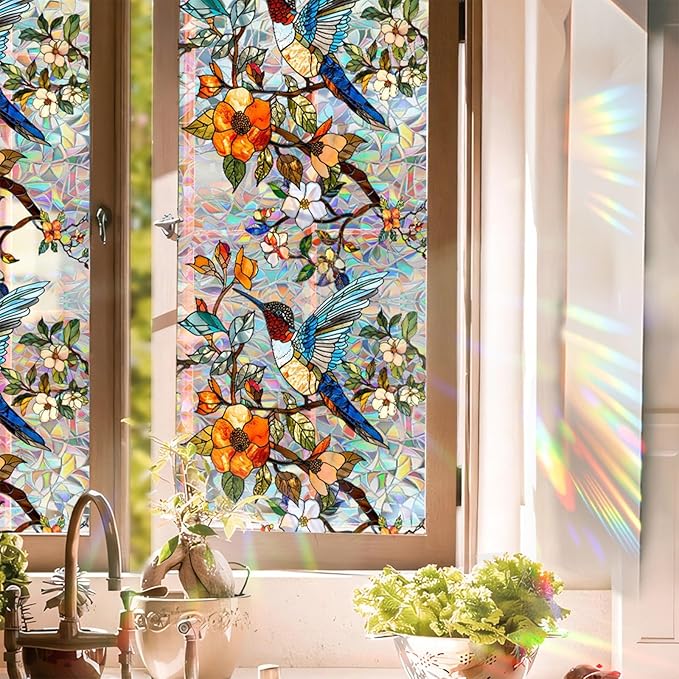 Stained Glass Window Film UV Resistant Window Privacy Film Hummingbird Floral Privacy Rainbow Decals Living Room Bedroom Sun Blocking Decor Removable Static Cling Stickers 17 x 39.37 Inch