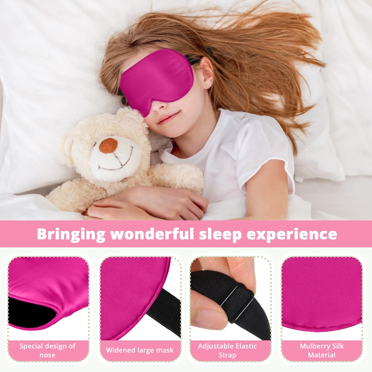 Kids Sleep Mask Eye Cover, 100% Real Natural Pure Silk Eye Mask with Adjustable Strap, Blindfold Kids Eye Mask for Sleeping, Eye Shade for Boys Girls and Adult, Pressure-Free Comfort (Rose red)