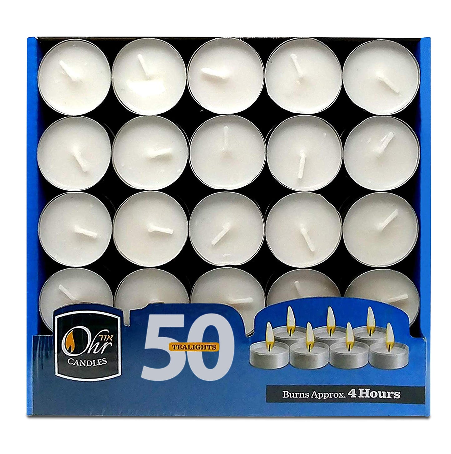 OHR CANDLES Tealight Candles - 50 Pack Bulk, Unscented White Wax, 4 Hour Burn Time, Model 28080