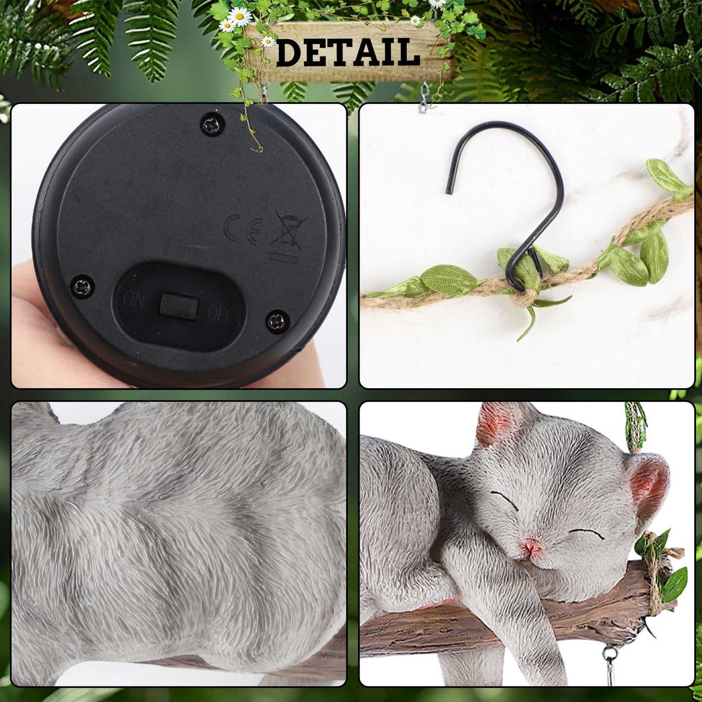 Zaayee Solar Lighted Garden Outdoor Statue  22.6 H Hanging Swing Lying With A Sleeping Cat And A Led Lantern  Resin Animal Figurine Hanging Ornaments With Hook For Decoration & Gift