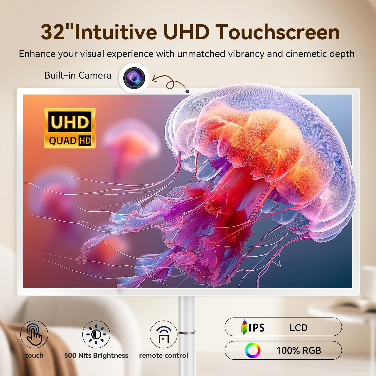 32-Inch Portable Smart Tv On Wheels With Touch Screen Monitor | 8G Ram +128G Storage | 8-Core Cpu Qualcomm | Built-In 8-10H Batt