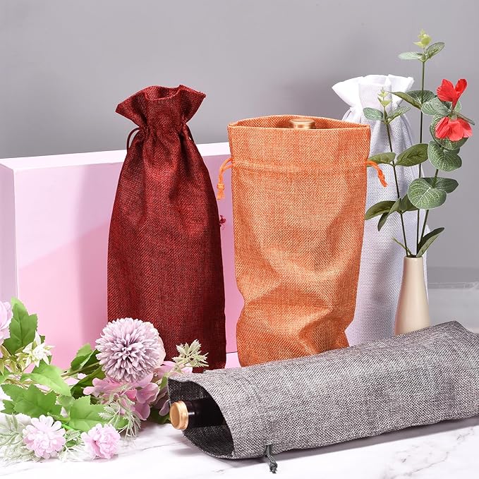 uxcell Burlap Wine Bags with Drawstrings, 12Pcs Wine Gift Bags Reusable Wine Bottle Bags with Ropes and Tags for Wedding, Birthday, Travel (14 x 6.3 In, Pink)