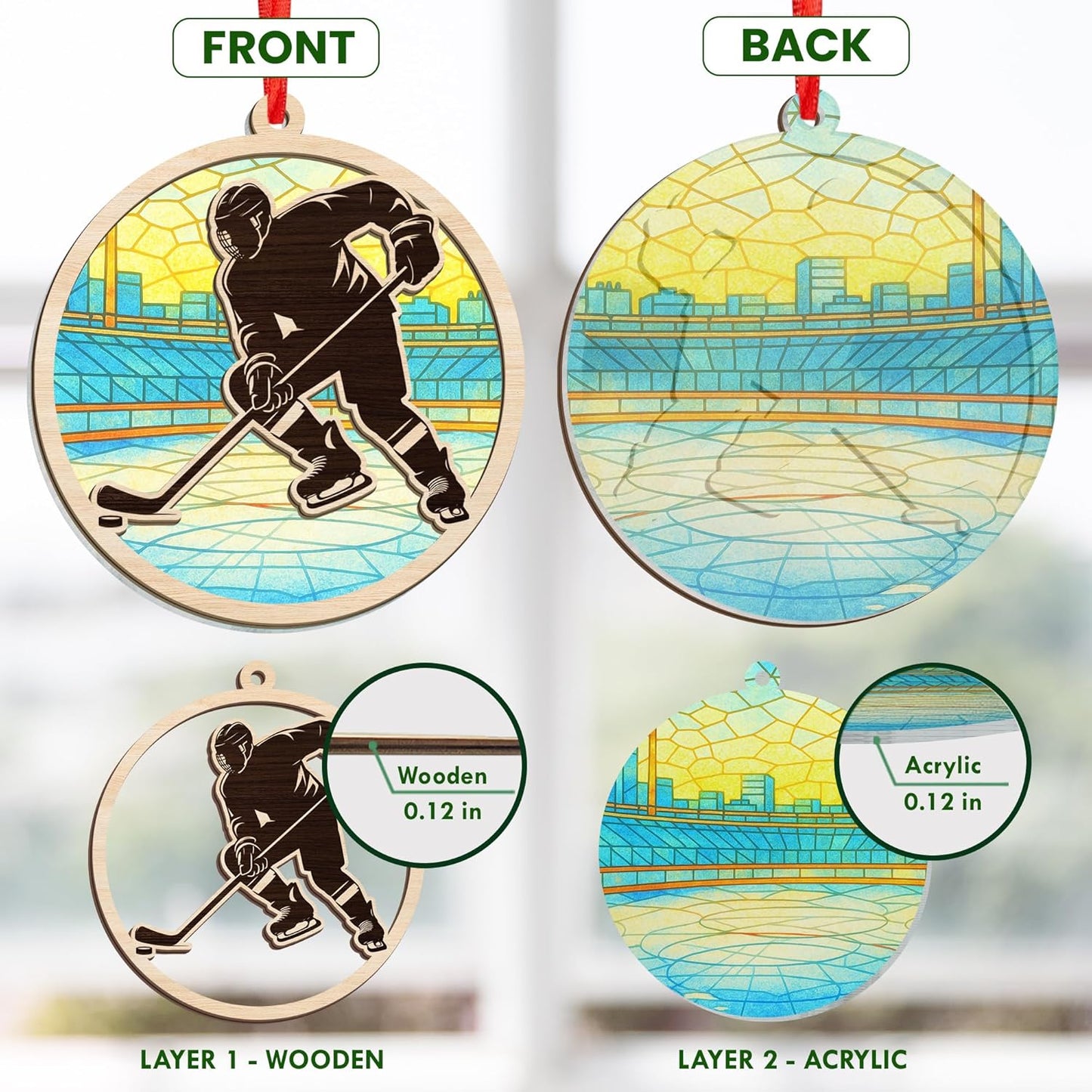 FLAGWIX Hockey Christmas Ornaments - Suncatcher Christmas Ornaments 2025 for Tree Decorations - Ice Hockey Gifts for Boys 8-12, Sports Gifts for Boys 8-12 Mom Dad Friends Coach