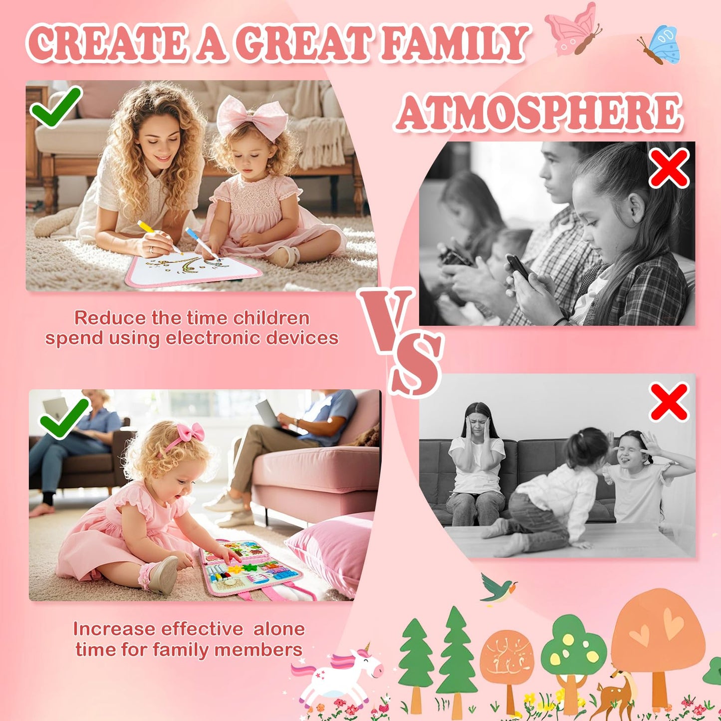 Toddler Busy Board Montessori Toys for Girl Birthday Gift,Educational Learning Sensory Busy Book, Airplane Car Travel Activities Toy for Girl(Pink)