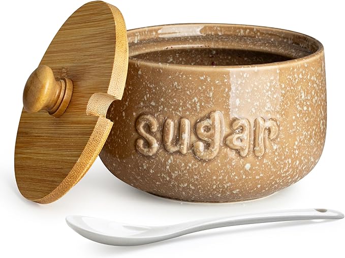 LYEOBOH Sugar Bowl with Lid and Spoon,17 OZ Cute Sugar Jar Container for Countertop, Ceramic Sugar Holder for Coffee Bar, Azucarera for Farmhouse, Rustic Home and Kitchen, Speckled Khaki