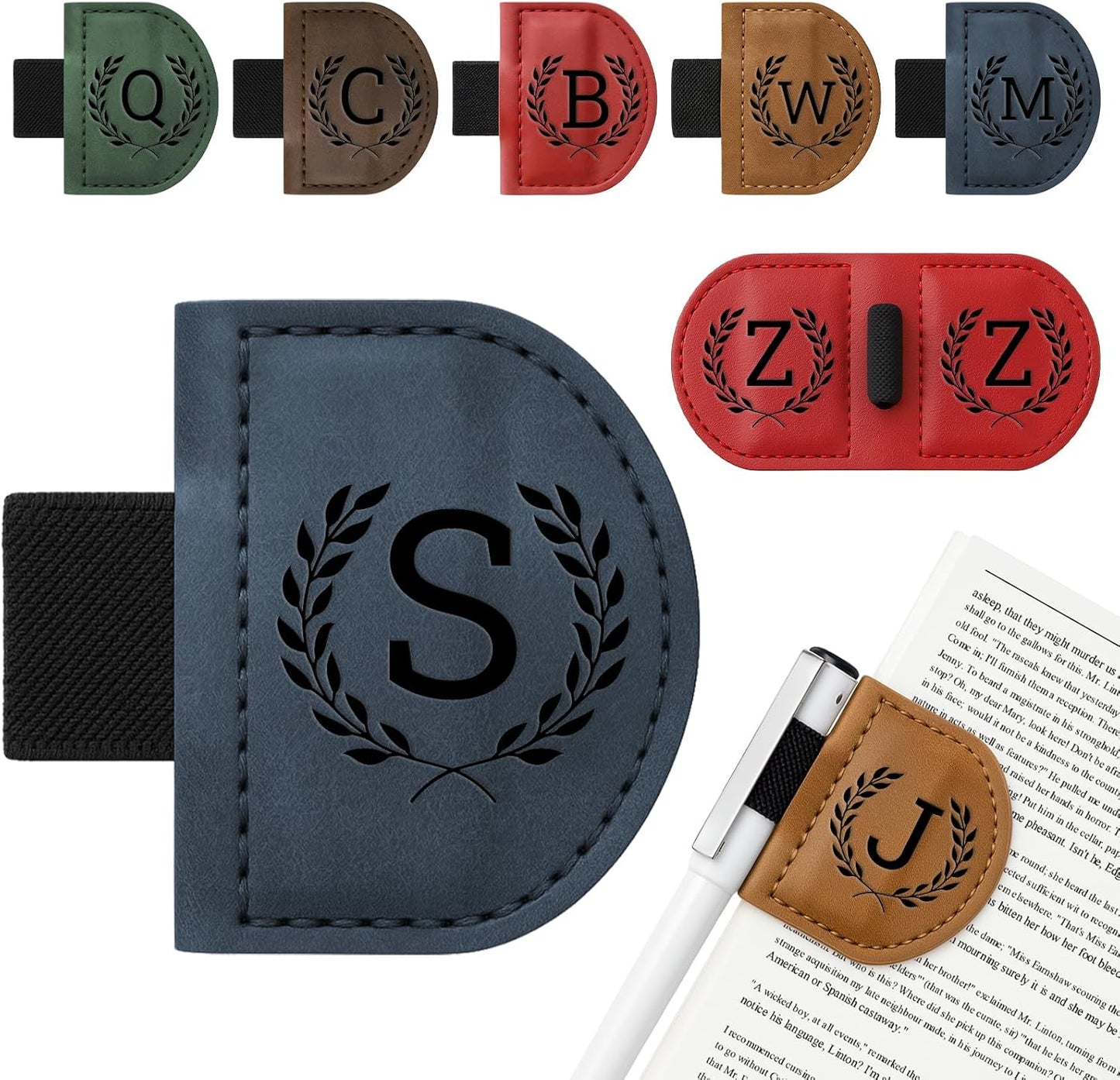 Personalized Bygone Mark Bookmark with Pen Holder,Engraving Leather Magnetic Bookmarks Vintage 26 Letters Name Initials Text Book Marker Clips Gifts for Reading Book Lovers Women (Blue, S)