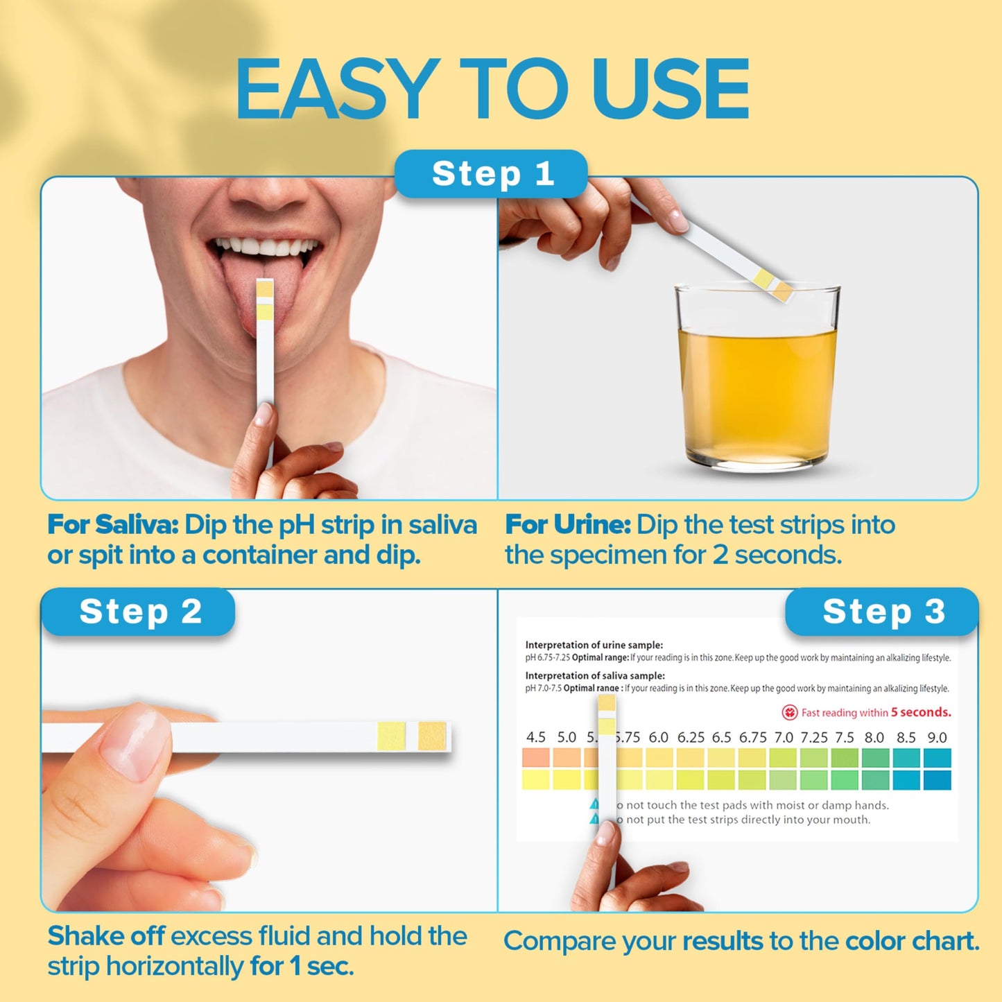 One Step pH Test Strips for Urine & Saliva Testing (4.5-9.0), 100 pH Strips, Test Alkaline & Acid Levels in The Body, Body pH Test Kit, Highly Accurate Results in Seconds, Home Health Tests