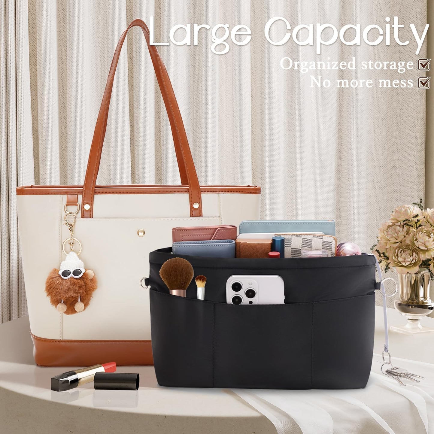 HyFanStr Purse Organizer Insert with Zipped Top for Tote Bag, Handbag Shaper with 13 Pockets, Black L