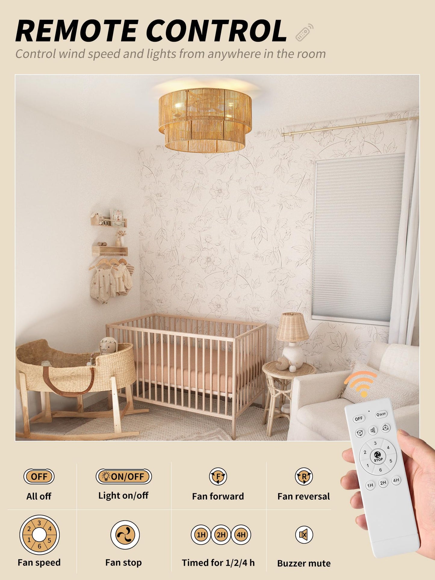 Sydacg Flush Mount Ceiling Fan With Lights Low Profile, 20 Rattan Boho Ceiling Fan With Light Remote Control, Bladeless Caged Wi