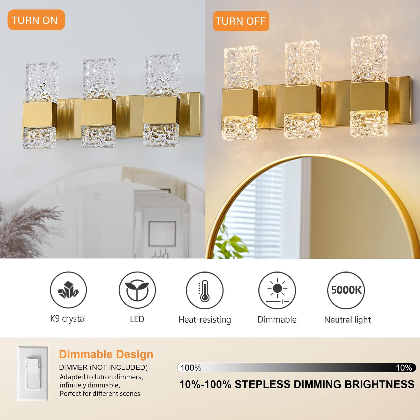 Oylyw Gold Bathroom Vanity Lights - 3 Light Brushed Stainless Steel Led Fixture, Modern Design, 3000K Warm Light, Model Jq1428-3Tg