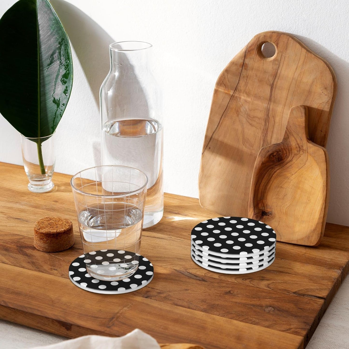 Black White Polka Dot Coasters for Drinks Set of 4, Absorbent Ceramic Drink Coasters for Coffee Table Wooden Table Cup Bar, 4 Inches