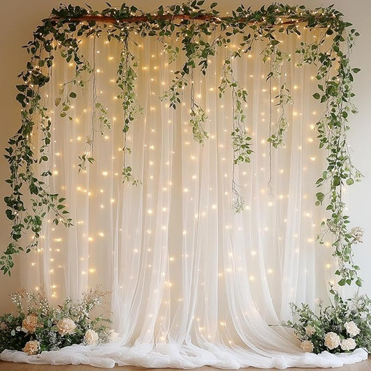 Patioman 10x8ft White Tulle Backdrop Curtain with Lights, Wrinkle-Free Sheer Wedding Backdrop for Birthday Parties, Baby S...